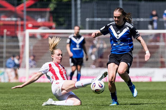 Google Pixel Frauen Bundesliga, 1 FC Köln Hamburger SV 09 05 2026 Zweikampf Pauline Bremer 1 FC Köln, 11 , Annaleen Böhler Hamburger SV, 6 Google Pixel Frauen Bundesliga, 1 FC Köln Hamburger SV, Köln, Franz Kremer Stadion am 09 05 2026 DFB REGULATIONS PROHIBIT ANY USE OF PHOTOGRAPHS AS IMAGE SEQUENCES AND OR QUASI VIDEO Copyright: xBEAUTIFULxSPORTS Wunderlx