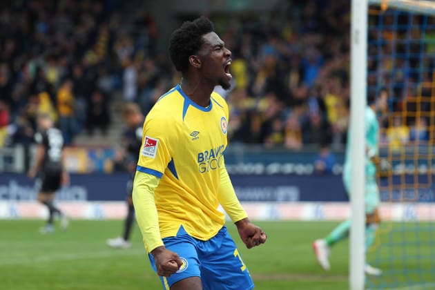 Braunschweig vs Dresden, 2 BL Braunschweig, 09 05 2026, Football, Men, 2 BL, Season 2025 2026, Eintracht Braunschweig vs FC Dynamo Dresden Faride Alidou Eintracht Braunschweig cheers after his goal for 2 0 DFL DFB REGULATIONS PROHIBIT ANY USE OF PHOTOGRAPHS as IMAGE SEQUENCES and or QUASI VIDEO Stadion an der Hamburger Straße Niedersachsen Germany