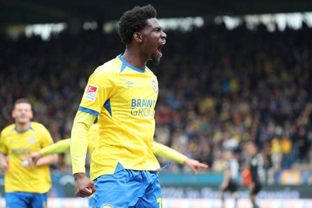 Braunschweig vs Dresden, 2 BL Braunschweig, 09 05 2026, Football, Men, 2 BL, Season 2025 2026, Eintracht Braunschweig vs FC Dynamo Dresden Faride Alidou Eintracht Braunschweig cheers after his goal for 2 0 DFL DFB REGULATIONS PROHIBIT ANY USE OF PHOTOGRAPHS as IMAGE SEQUENCES and or QUASI VIDEO Stadion an der Hamburger Straße Niedersachsen Germany