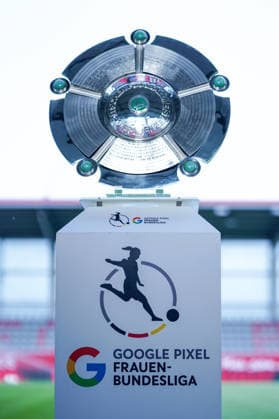 The championship trophy in front of the Google Pixel Womens Bundesliga match FC Bayern Munich Eintracht Frankfurt on 09 05 2026 Munich FC Bayern Campus Germany Germany Germany