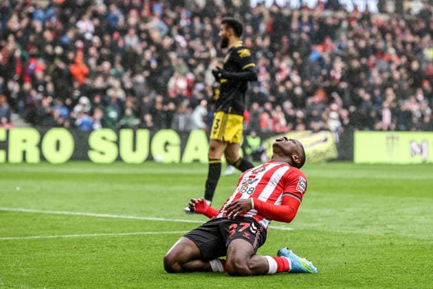 Premier League: Sunderland v Manchester United, ManU Noah Sadiki of Sunderland reacts to a missed chance on goal during the Premier League match Sunderland vs Manchester United at Stadium Of Light, Sunderland, United Kingdom on 09 May 2026 (Photo by Alfie Cosgrove News Images) Sunderland Stadium Of Light Tyne and Wear United Kingdom Copyright: xAlfiexCosgrove NewsxImagesx