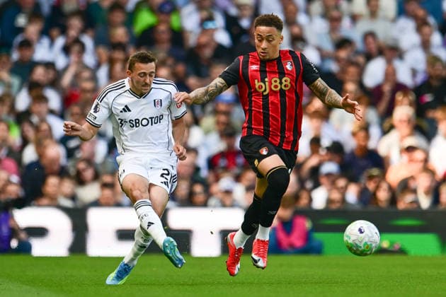 Fulham FC v AFC Bournemouth, Premier League Fulham defender Timothy Castagne (21) looks to release the ball under pressure from AFC Bournemouth midfielder Marcus Tavernier (16) during the Premier League match between Fulham FC and AFC Bournemouth at Craven Cottage, London, UK on 9 May 2026. London Craven Cottage Greater London UK Editorial use only DataCo restrictions apply See www.football-dataco.com , Copyright: xDennisxGoodwinx PSI-24220-0026