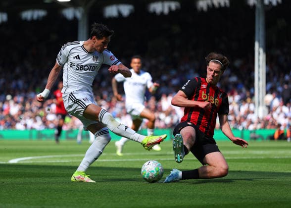 9th May 2026; Craven Cottage, Fulham, London, England; Premier League Football, Fulham versus Bournemouth; Sasa Lukic of Fulham shot on goal is blocked by Alex Scott of AFC Bournemouth JPxFletcher