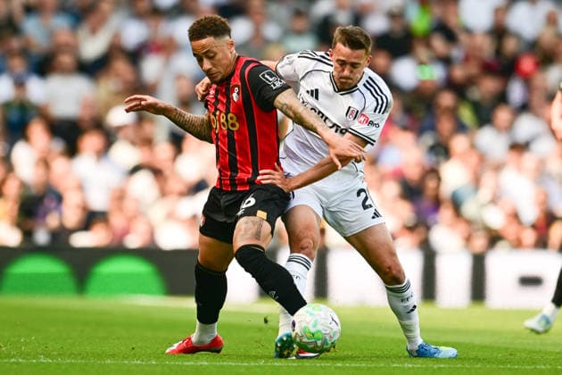 Fulham FC v AFC Bournemouth, Premier League Fulham defender Timothy Castagne (21) battles for possession with AFC Bournemouth midfielder Marcus Tavernier (16) during the Premier League match between Fulham FC and AFC Bournemouth at Craven Cottage, London, UK on 9 May 2026. London Craven Cottage Greater London UK Editorial use only DataCo restrictions apply See www.football-dataco.com , Copyright: xDennisxGoodwinx PSI-24220-0029