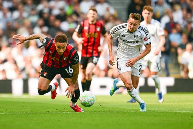 Fulham FC v AFC Bournemouth, Premier League AFC Bournemouth midfielder Marcus Tavernier (16) falls under a challenge from Fulham defender Timothy Castagne (21) during the Premier League match between Fulham FC and AFC Bournemouth at Craven Cottage, London, UK on 9 May 2026. London Craven Cottage Greater London UK Editorial use only DataCo restrictions apply See www.football-dataco.com , Copyright: xDennisxGoodwinx PSI-24220-0030