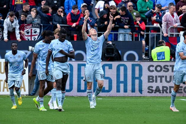 Udinese s Adam Buksa celebrates after scoring the goal for 0-1 during the Serie A soccer match between Cagliari Calcio and Udinese at the Unipol Domus in Cagliari, Sardinia - Saturday 9th May. - Soccer  Copyright: xGianlucaxZuddas LaPressex