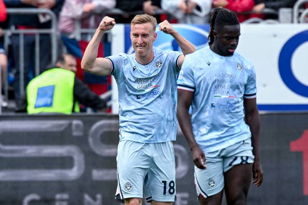 Udinese s Adam Buksa celebrates after scoring the goal for 0-1 during the Serie A soccer match between Cagliari Calcio and Udinese at the Unipol Domus in Cagliari, Sardinia - Saturday 9th May. - Soccer  Copyright: xGianlucaxZuddas LaPressex