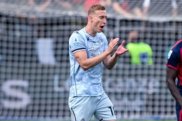 Udinese s Adam Buksa celebrates after scoring the goal for 0-1 during the Serie A soccer match between Cagliari Calcio and Udinese at the Unipol Domus in Cagliari, Sardinia - Saturday 9th May. - Soccer  Copyright: xGianlucaxZuddas LaPressex
