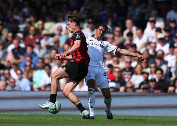 9th May 2026; Craven Cottage, Fulham, London, England; Premier League Football, Fulham versus Bournemouth; Antonee Robinson of Fulham tackles Alex Scott of AFC Bournemouth JPxFletcher