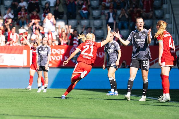 Pernille Harder of FC Bayern München scoring during the Google Pixel Frauen Bundesliga game between FC Bayern München and Eintracht Frankfurt at FC Bayern Campus on May 9th, 2026 in Munich, Germany (Leonie Kiehl SPP) Copyright: xLeoniexKiehlx xSPPx spp-en-LeKiSp-SPP26_Leonie_20032026-1-19