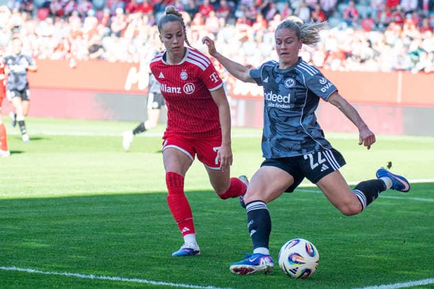 Nadine Riesen 22 Frankfurt and Giulia Gwinn 7 FC Bayern in action at the Google Pixel Womens Bundesliga match FC Bayern Munich Eintracht Frankfurt on 09 05 2026 Munich FC Bayern Campus Germany Germany Germany