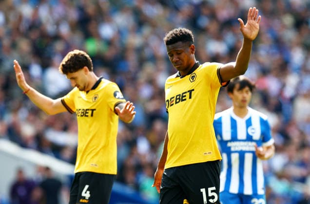 Yerson Mosquera of Wolverhampton Wanderers. Brighton and Hove Albion v Wolverhampton Wanderers, Premier League, Football, American Express Community Stadium, Brighton , UK - 09 May 2026Brighton American Express Community Stadi United Kingdom EDITORIAL USE ONLY No use with unauthorised audio, video, data, fixture lists, club league logos or live services. Online in-match use limited to 120 images, no video emulation. No use in betting, games or single club league player publications. Copyright: xJamesxMarsh Shutterstockx 16861685at