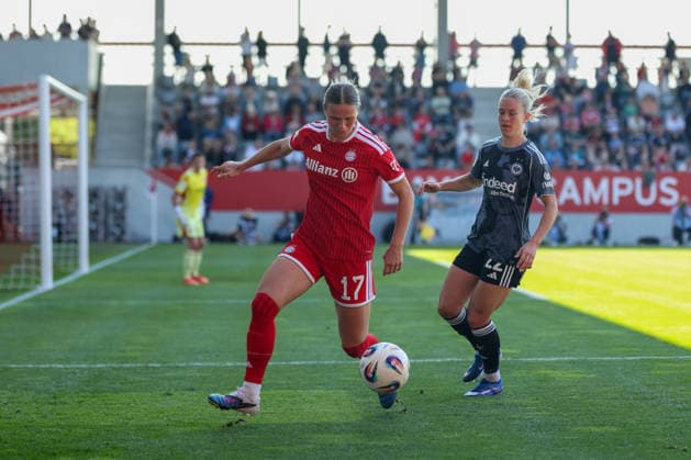 Klara Buehl FC Bayern Muenchen, 17 with ball with Nadine Riesen Eintracht Frankfurt, 22 , GER, FC Bayern Muenchen vs Eintracht Frankfurt, Soccer, Google Pixel Women Bundesliga, 25 Matchday, Season 2025 2026, 09 05 2026, DFL DFB REGULATIONS PROHIBIT ANY USE OF PHOTOGRAPHS as IMAGE SEQUENCES and or QUASI VIDEO, GER, FC Bayern Muenchen vs Eintracht Frankfurt, Football, Google Pixel Womens Bundesliga, 25 Matchday, Season 2025 2026, 09 05 2026 Muenchen Copyright: xEibner-Pressefoto JennixMaulx EP_JML