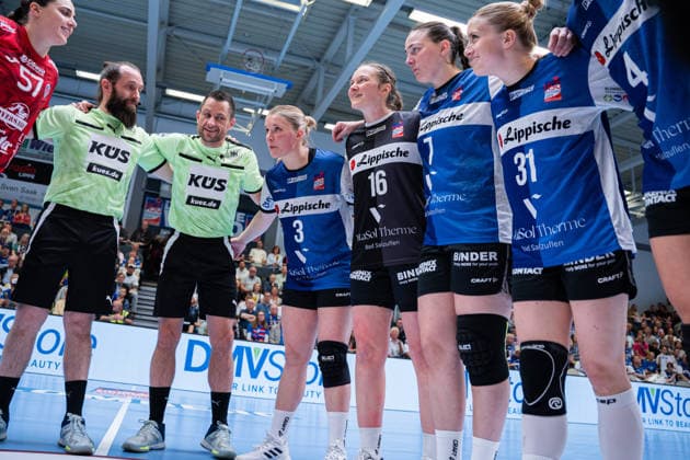 HSG Blomberg Lippe GER vs Thueringer HC GER Handball, 1 Handball Bundesliga Women, Semifinal, Match 3, 9 5 2026, Season 2025 2026, Blomberg Laura Rueffieux HSG Blomberg Lippe, 03 , Melanie Veith HSG Blomberg Lippe, 16 , Diana Magnusdottir HSG Blomberg Lippe, 07 , Alexia Hauf HSG Blomberg Lippe, 31 before the match Blomberg Sporthalle an der Ulmenallee Germany
