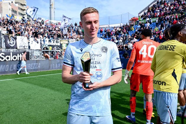 Udinese s Adam Buksa is the Panini Player of the Match during the Serie A soccer match between Cagliari Calcio and Udinese at the Unipol Domus in Cagliari, Sardinia - Saturday 9th May. - Soccer  Copyright: xGianlucaxZuddas LaPressex