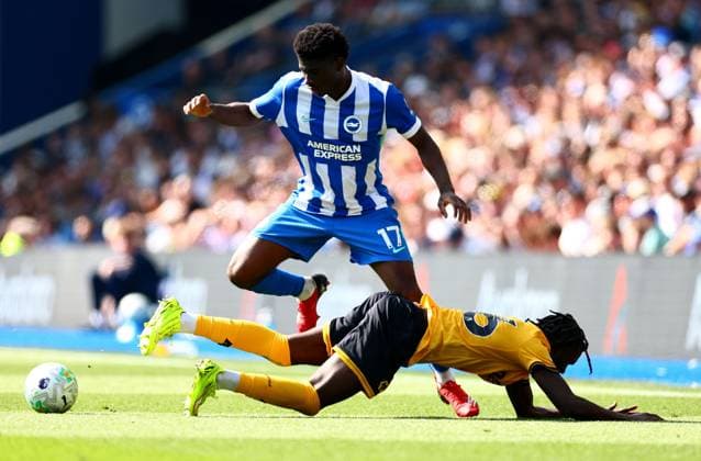 Carlos Baleba of Brighton and Hove Albion and Mateus Mane of Wolverhampton Wanderers. Brighton and Hove Albion v Wolverhampton Wanderers, Premier League, Football, American Express Community Stadium, Brighton , UK - 09 May 2026Brighton American Express Community Stadi United Kingdom EDITORIAL USE ONLY No use with unauthorised audio, video, data, fixture lists, club league logos or live services. Online in-match use limited to 120 images, no video emulation. No use in betting, games or single club league player publications. Copyright: xJamesxMarsh Shutterstockx 16861685bc