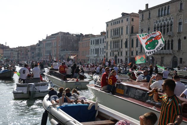 Football, Italy, FC Venice celebrates promotion to Serie A on the Grand Canal
