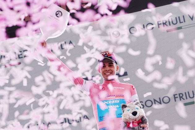 Guillermo Thomas Silva (XDS Astana Team) Pink Jersey during Stage 2 of the Giro d™Italia, from Burgas to Veliko Tarnovo, Bulgaria, Saturday, May 9, 2026.  Copyright: xGianxMattiaxD Alberto LaPressex