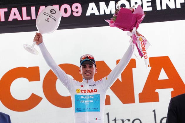Conad - Guillermo Thomas Silva (XDS Astana Team) White Jersey during Stage 2 of the Giro d™Italia, from Burgas to Veliko Tarnovo, Bulgaria, Saturday, May 9, 2026.  Copyright: xGianxMattiaxD Alberto LaPressex