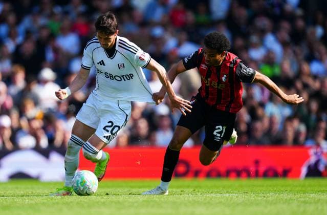 Sasa Lukic of Fulham battles with Amine Adli of Bournemouth Fulham v AFC Bournemouth, Premier League, Football, Craven Cottage, London , UK - 09 May 2026London Craven Cottage United Kingdom EDITORIAL USE ONLY No use with unauthorised audio, video, data, fixture lists, club league logos or live services. Online in-match use limited to 120 images, no video emulation. No use in betting, games or single club league player publications. Copyright: xJavierxGarcia Shutterstockx 16861686be
