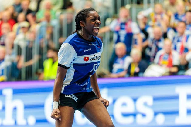 Farrelle Njinkeu HSG Blomberg Lippe, 55 in goal celebration GER, HSG Blomberg Lippe vs Thueringer HC, Handball, 1 Bundesliga Women, Play Offs, Semi-finals, Match 3, 09 05 2026 GER, HSG Blomberg Lippe vs Thueringer HC, Handball, 1 Bundesliga Women, Play Offs, Semi-finals, Match 3, 09 05 2026 Blomberg Copyright: xEibner-Pressefoto JanxRollingerx EP_JSK