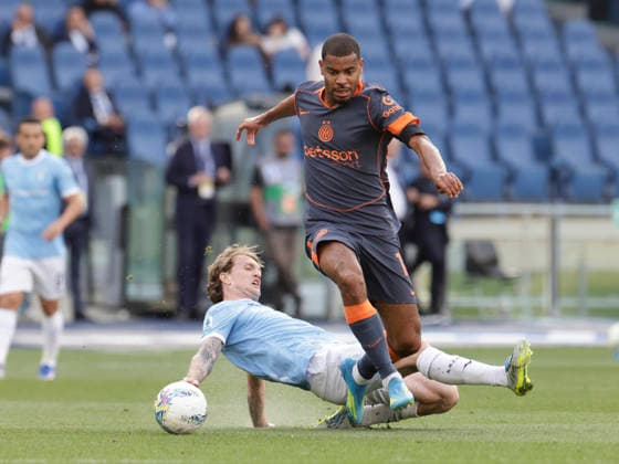 Serie A football match SS Lazio vs FC Internazionale Inter™s French midfielder Andy Diouf challenges for the ball with lazio s Italian midfielder Nicolo Rovella during the Serie A football match SS Lazio vs FC Internazionale at Olimpico Stadium on May 09, 2026, in Rome. _BPH1838 Copyright: xAntonioxBalascox