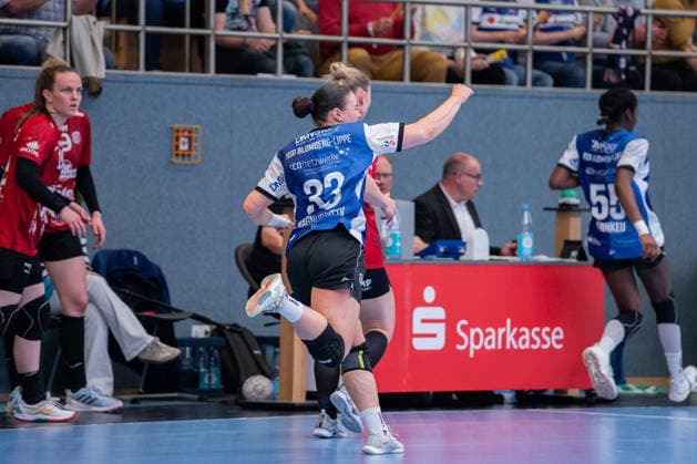 HSG Blomberg Lippe GER vs Thueringer HC GER Handball, 1 Handball Bundesliga Women, Semifinal, Match 3, 9 5 2026, Season 2025 2026, Blomberg Elin Magnusdottir HSG Blomberg Lippe, 33 cheers after a goal Blomberg Sporthalle an der Ulmenallee Germany