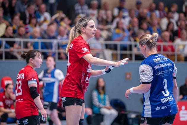 HSG Blomberg Lippe GER vs Thueringer HC GER Handball, 1 Handball Bundesliga Women, Semifinal, Match 3, 9 5 2026, Season 2025 2026, Blomberg Anika Niederwieser Thueringer HC, 14 in defense Blomberg Sporthalle an der Ulmenallee Germany