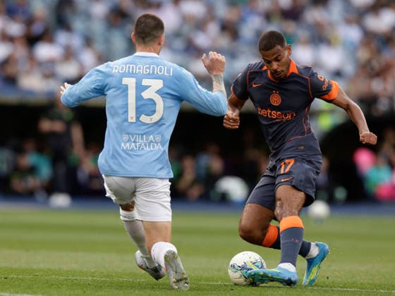 Serie A football match SS Lazio vs FC Internazionale Inter™s French midfielder Andy Diouf challenges for the ball with lazio™s Italian defender Alessio Romagnoli during the Serie A football match SS Lazio vs FC Internazionale at Olimpico Stadium on May 09, 2026, in Rome. _BPH2400 Copyright: xAntonioxBalascox