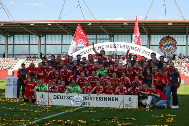 Munich, Germany 09 May 2026 1 Womens Bundesliga 25 Matchday FC Bayern Munich vs Eintracht Frankfurt In the picture The players of FC Bayern at their German championship celebration with the championship trophy at the last home game in the 2025 26 season on the winners podium Copyright: HMBxMedia MadeleinexFantini