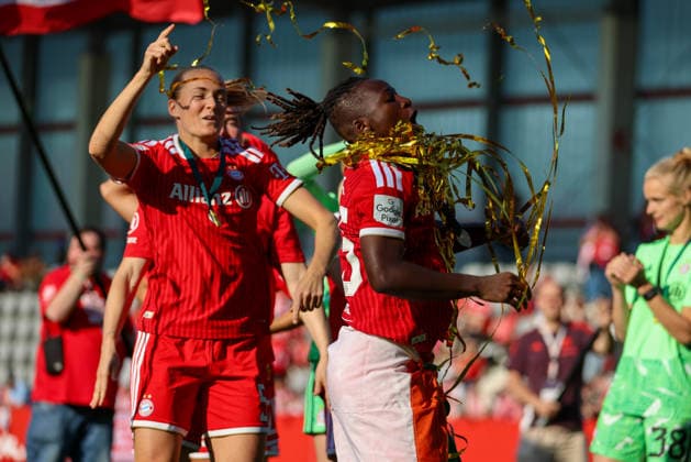 Munich, Germany 09 May 2026 1 Womens Bundesliga 25 Matchday FC Bayern Munich vs Eintracht Frankfurt In the picture from left Magdalena Eriksson FCB and Bernadette Amani FCB celebrate the German Championship 2025 26 Copyright: HMBxMedia MadeleinexFantini