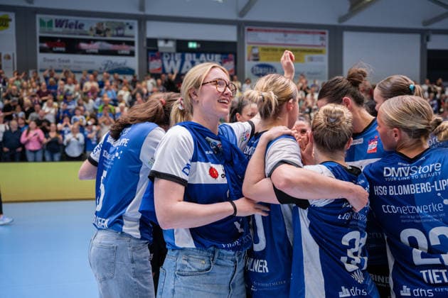 HSG Blomberg Lippe GER vs Thueringer HC GER Handball, 1 Handball Bundesliga Women, Semifinal, Game 3, 9 5 2026, Season 2025 2026, Blomberg Marie Michalczik HSG Blomberg Lippe, 24 is happy after the victory against Thueringer HC GER and the entry into the final Blomberg Sporthalle an der Ulmenallee Germany