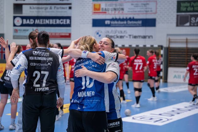 HSG Blomberg Lippe GER vs Thueringer HC GER Handball, 1 Handball Bundesliga Women, Semifinal, Game 3, 9 5 2026, Season 2025 2026, Blomberg Maxi Muehlner HSG Blomberg Lippe, 10 and Diana Magnusdottir HSG Blomberg Lippe, 07 are happy after the victory against Thueringer HC GER and the entry into the final Blomberg Sporthalle an der Ulmenallee Germany