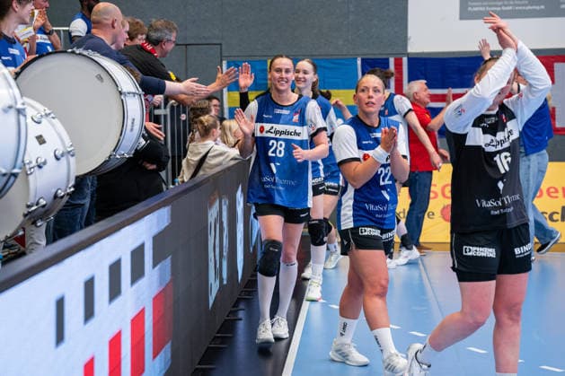 HSG Blomberg Lippe GER vs Thueringer HC GER Handball, 1 Handball Bundesliga Women, Semifinal, Game 3, 9 5 2026, Season 2025 2026, Blomberg Malin Sandberg HSG Blomberg Lippe, 28 is happy after the victory against Thueringer HC GER and the entry into the final Blomberg Sporthalle an der Ulmenallee Germany