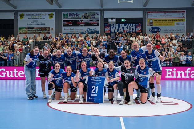 HSG Blomberg Lippe GER vs Thueringer HC GER Handball, 1 Handball Bundesliga Women, Semifinal, Game 3, 9 5 2026, Season 2025 2026, Blomberg The players of HSG Blomberg Lippe GER cheer after the victory against Thueringer HC GER and the entry into the final Blomberg Sporthalle an der Ulmenallee Germany