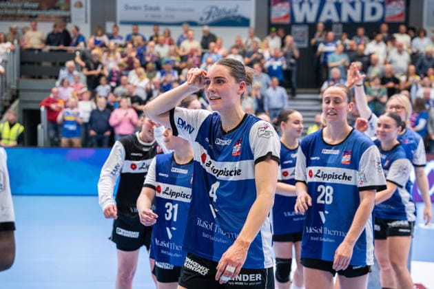 HSG Blomberg Lippe GER vs Thueringer HC GER Handball, 1 Handball Bundesliga Women, Semifinal, Game 3, 9 5 2026, Season 2025 2026, Blomberg Andrea Jacobsen HSG Blomberg Lippe, 04 after the victory against Thueringer HC GER and the entry into the final Blomberg Sporthalle an der Ulmenallee Germany