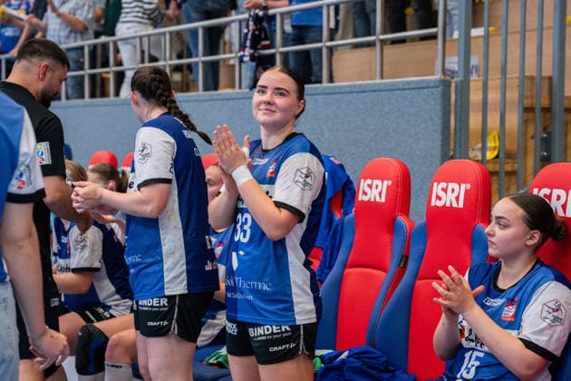 HSG Blomberg Lippe GER vs Thueringer HC GER Handball, 1 Handball Bundesliga Women, Semifinal, Game 3, 9 5 2026, Season 2025 2026, Blomberg Elin Magnusdottir HSG Blomberg Lippe, 33 is happy after the victory against Thueringer HC GER and the entry into the final Blomberg Sporthalle an der Ulmenallee Germany