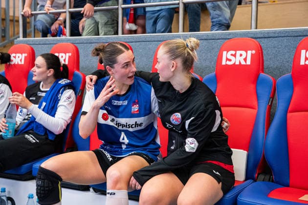 HSG Blomberg Lippe GER vs Thueringer HC GER Handball, 1 Handball Bundesliga Women, Semifinal, Match 3, 9 5 2026, Season 2025 2026, Blomberg Andrea Jacobsen HSG Blomberg Lippe, 04 and Rikke Hoffbeck Petersen Thueringer HC, 22 Blomberg Sporthalle an der Ulmenallee Germany