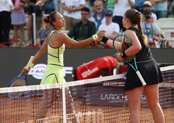 May 9, 2026, Rome, Lazio, Italy: JELENA OSTAPENKO of Latvia and QINWEN ZHENG of China after the match in the third round of tennis tournament WTA, Tennis Damen 1000 Internazionali BNL DÃ¢â‚¬â ¢Italia, Rome, Italy. Ostapenko won 4:6, 6:4, 6:4. Tennis, Internazionali BNL DÃ¢â‚¬â ¢Italia 2026 - Jelena Ostapenko 4:6, 6:4, 6:4 Qinwen Zheng  - ZUMAc278 20260509_zsp_c278_068 Copyright: xMarcinxCholewinskix