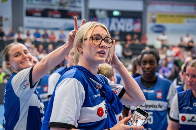 HSG Blomberg Lippe GER vs Thueringer HC GER Handball, 1 Handball Bundesliga Women, Semifinal, Game 3, 9 5 2026, Season 2025 2026, Blomberg Marie Michalczik HSG Blomberg Lippe, 24 after the victory against Thueringer HC GER and the entry into the final Blomberg Sporthalle an der Ulmenallee Germany