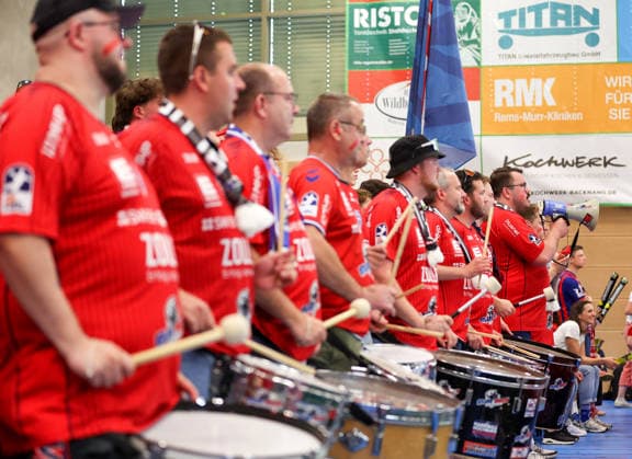09 05 2026, Germany, Backnang, Handball 2 Bundesliga, HC Oppenweiler Backnang vs SG BBM Bietigheim, BBM fans, drummers
