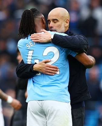 Manchester City manager Pep Guardiola with Antoine Semenyo at the end of the match Manchester City v Brentford, Premier League, Football, Etihad Stadium, Manchester , UK - 09 May 2026Manchester Etihad Stadium United Kingdom EDITORIAL USE ONLY No use with unauthorised audio, video, data, fixture lists, club league logos or live services. Online in-match use limited to 120 images, no video emulation. No use in betting, games or single club league player publications.  Copyright: xMattxWest Shutterstockx 16861722ap