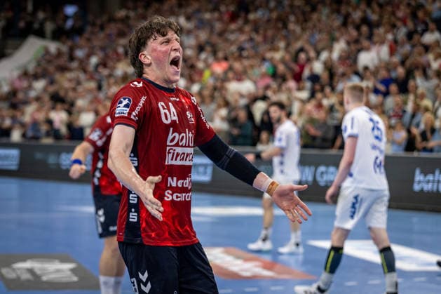 DAIKIN HBL SG Flensburg Handewitt vs TBV Lemgo Lippe 09 05 26 Cheering after victory Lasse Kjaer Moller Nr 64, SG Flensburg Handewitt DAIKIN HBL SG Flensburg Handewitt vs TBV Lemgo Lippe, GP JOULE Arena on 09 05 26 Copyright: xBEAUTIFULxSPORTS MarioxM.xKobergx
