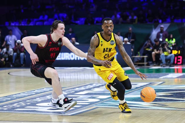 May 9, 2026, Badalona, Barcelona, Spain: James Nunnally of AEK BC and Simonas Lukosius of Rytas Vilnius in action during the Final Four Basketball Champions League Final basketball match played between AEK BC and Rytas Vilnius at Palau Olimpic Badalona on May 09, 2026 in Badalona, Barcelona, Spain. AEK BC V Rytas Vilnius - Final Four Basketball Champions League - Badalona 2026 Final  - ZUMAa181 20260509_zaa_a181_392 Copyright: xJavierxBorregox