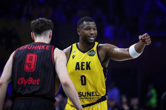 May 9, 2026, Badalona, Barcelona, Spain: RaiQuan Gray of AEK BC gestures during the Final Four Basketball Champions League Final basketball match played between AEK BC and Rytas Vilnius at Palau Olimpic Badalona on May 09, 2026 in Badalona, Barcelona, Spain. Badalona Spain - ZUMAa181 20260509_zaa_a181_398 Copyright: xJavierxBorregox