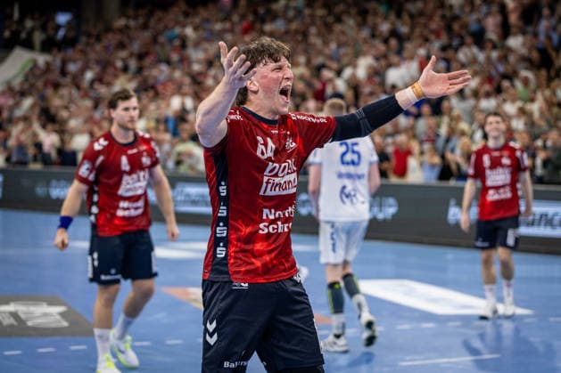 DAIKIN HBL SG Flensburg Handewitt vs TBV Lemgo Lippe 09 05 26 Cheering after victory Lasse Kjaer Moller Nr 64, SG Flensburg Handewitt DAIKIN HBL SG Flensburg Handewitt vs TBV Lemgo Lippe, GP JOULE Arena on 09 05 26 Copyright: xBEAUTIFULxSPORTS MarioxM.xKobergx