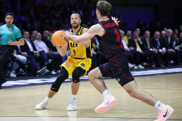 May 9, 2026, Badalona, Barcelona, Spain: Lukas Lekavicius of AEK BC in action during the Final Four Basketball Champions League Final basketball match played between AEK BC and Rytas Vilnius at Palau Olimpic Badalona on May 09, 2026 in Badalona, Barcelona, Spain. Badalona Spain - ZUMAa181 20260509_zaa_a181_403 Copyright: xJavierxBorregox