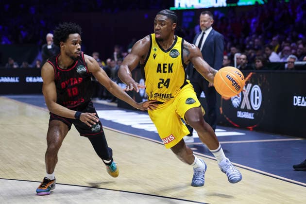 May 9, 2026, Badalona, Barcelona, Spain: Frank Bartley of AEK BC and Jerrick Harding of Rytas Vilnius in action during the Final Four Basketball Champions League Final basketball match played between AEK BC and Rytas Vilnius at Palau Olimpic Badalona on May 09, 2026 in Badalona, Barcelona, Spain. Badalona Spain - ZUMAa181 20260509_zaa_a181_405 Copyright: xJavierxBorregox