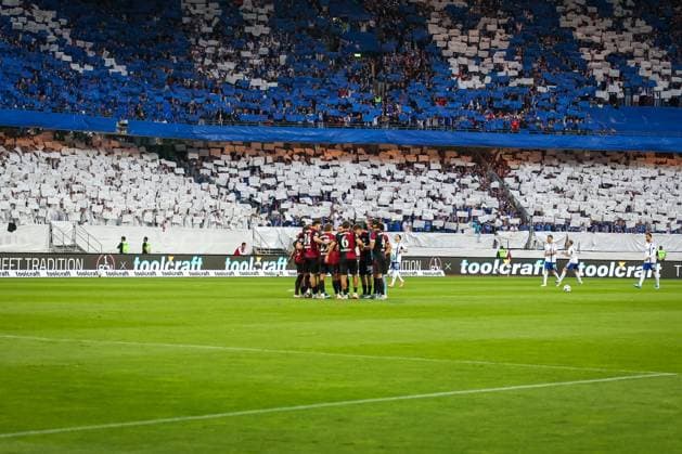 The Nuremberg team with team circle in front of the impressive choreography Choreography, 1 FC Nuremberg vs FC Schalke 04, Football, Men, 2 Bundesliga, DFL, Season 2025 2026, 33 Matchday, Second round, 09 05 2026 DFB regulations prohibit any use of photographs as image sequences and or quasi video Nuremberg Bayern Germany Copyright: xkolbert-press MartinxAgüerax