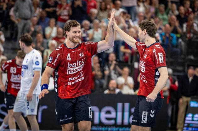 DAIKIN HBL SG Flensburg Handewitt vs. TBV Lemgo Lippe 09 05 26 Johannes Golla No 04, SG Flensburg Handewitt and Niclas Kirkelokke No 05, SG Flensburg Handewitt DAIKIN HBL SG Flensburg Handewitt vs. TBV Lemgo Lippe, GP JOULE Arena on 09 05 26 Copyright: xBEAUTIFULxSPORTS MarioxM.xKobergx